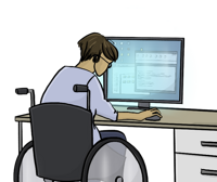 Grafik von einem jungen Mann im Rollstuhl der am PC arbeitet