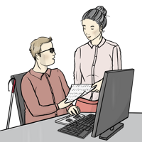 Grafik von einem blinden Mann am PC, der von einer Frau ein Blatt Papier bekommt