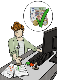 Grafik von einer Frau an ihrem Arbeitsplatz, die einen Antrag auf finanzielle Hilfe bewilligt