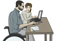 Grafik von einer Frau und einem blinden Mann, die den Laptop auf Barrierefreiheit überprüfen
