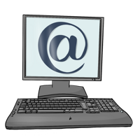 Grafik von einem Computer mit Tastatur, auf dem ein Mail-Icon ist