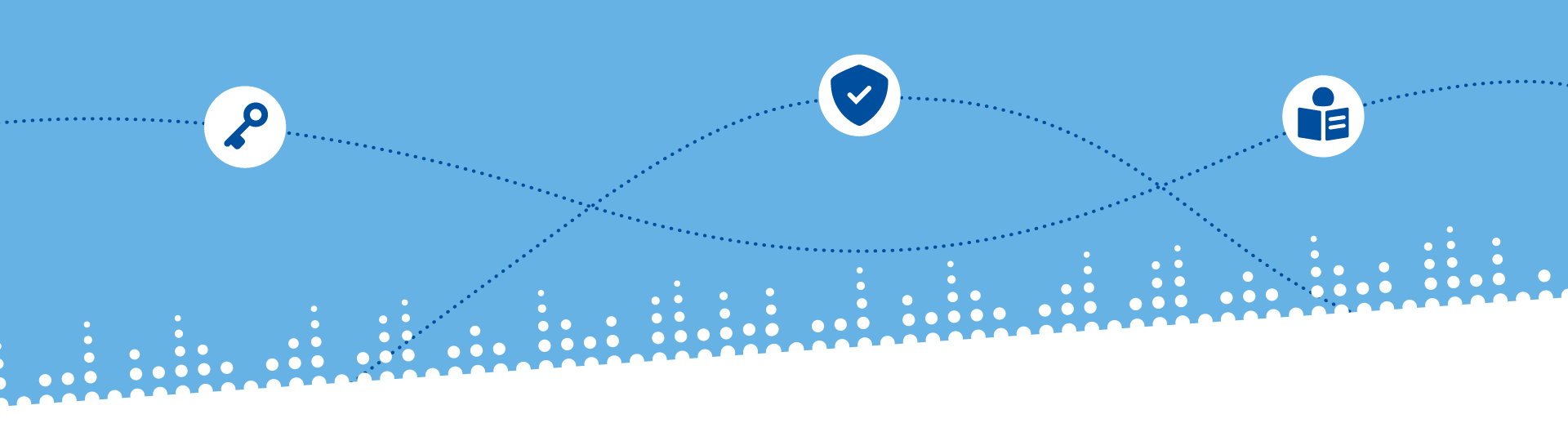 Hellblauer Hintergrund mit gestrichelten Linien und drei Icons zum Datenschutz