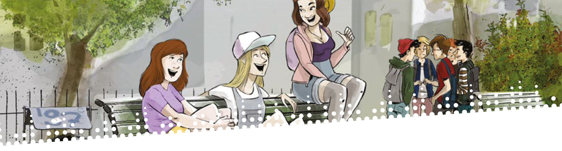 Szene aus "Ninette - Dünn ist nicht dünn genug": drei Mädels sitzen auf einer Bank und daneben ist eine Jungengruppe
