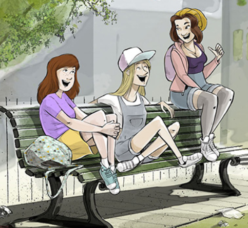 Szene aus "Ninette - Dünn ist nicht dünn genug": drei Mädels sitzen auf einer Bank