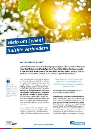 Themenblatt: Bleib am Leben! Suizide verhindern Themenblatt Suizidprävention